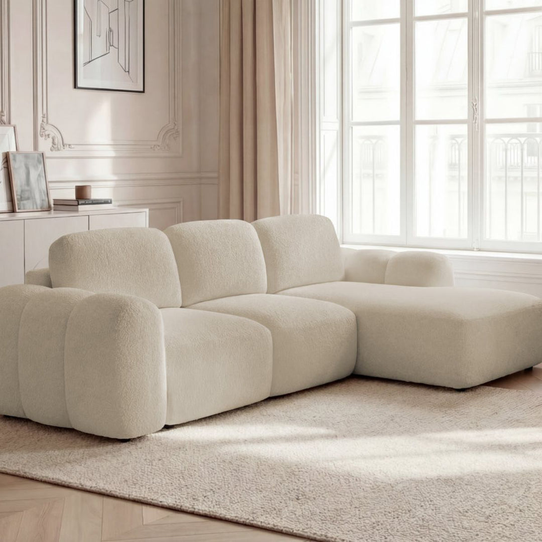 Canapé d'angle droit convertible BOBOCHIC Montaigne 4 places en tissu bouclette beige