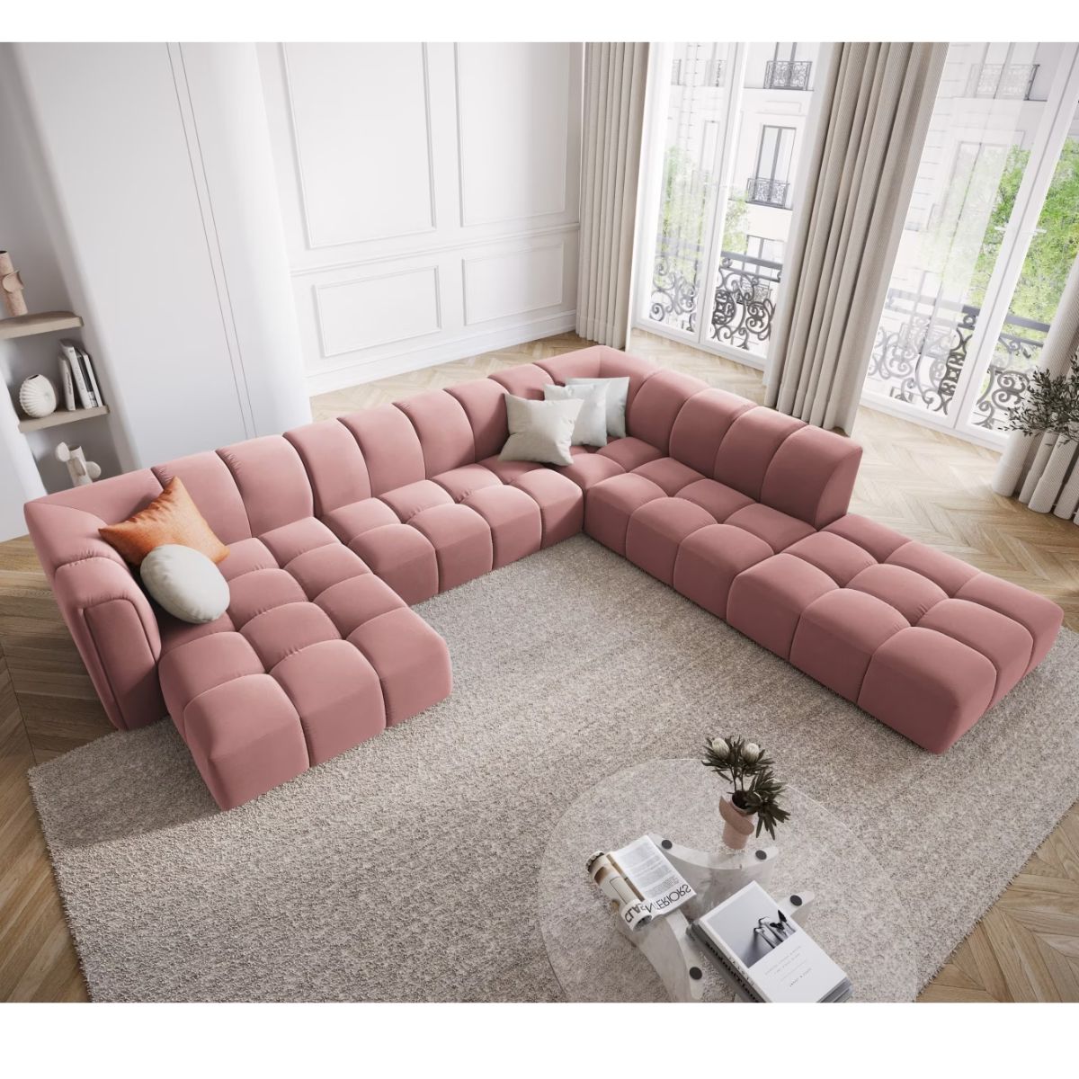 Canapé panoramique 7 places SERENA Micadoni velours rose