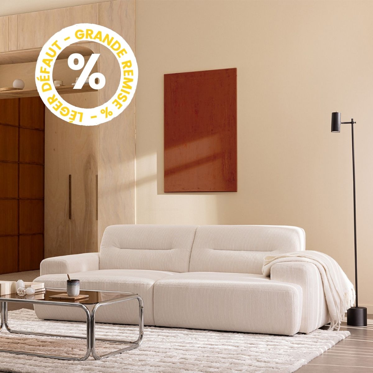 Canapé droit 4 places en velours côtelé ecru à accoudoirs larges Drawer