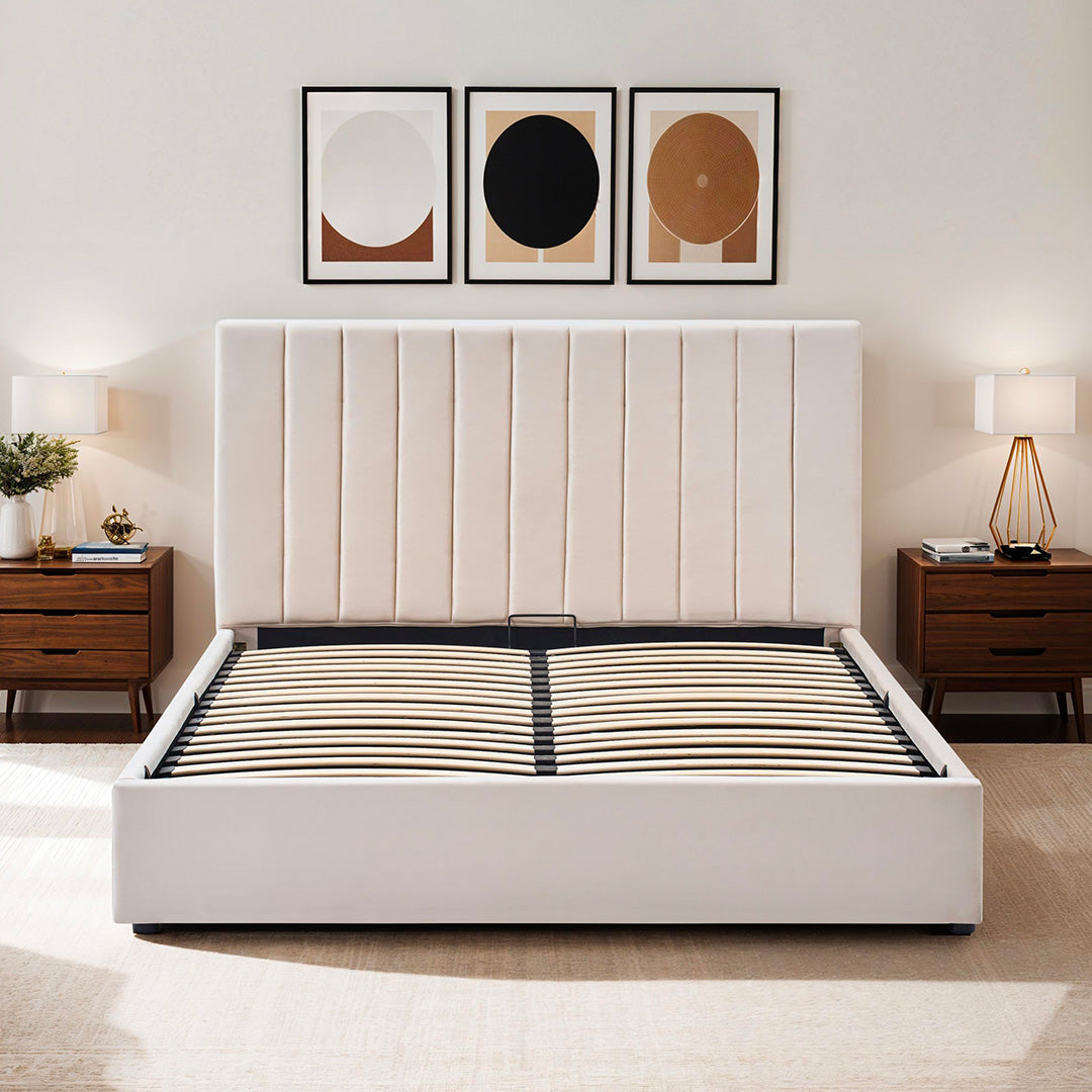 Lit coffre Giulia en velours beige