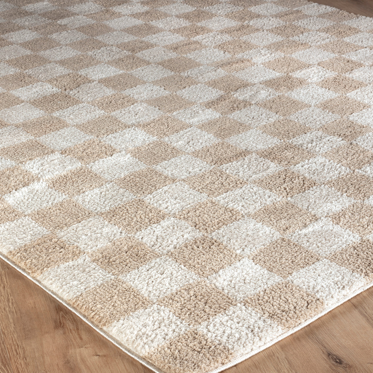Tapis shaggy Surya Izaline lavable, damier en relief beige et écru, vue 6