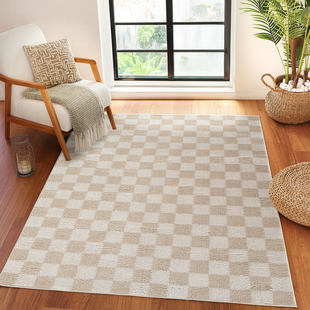Tapis shaggy Surya Izaline lavable, damier en relief beige et écru, vue 2