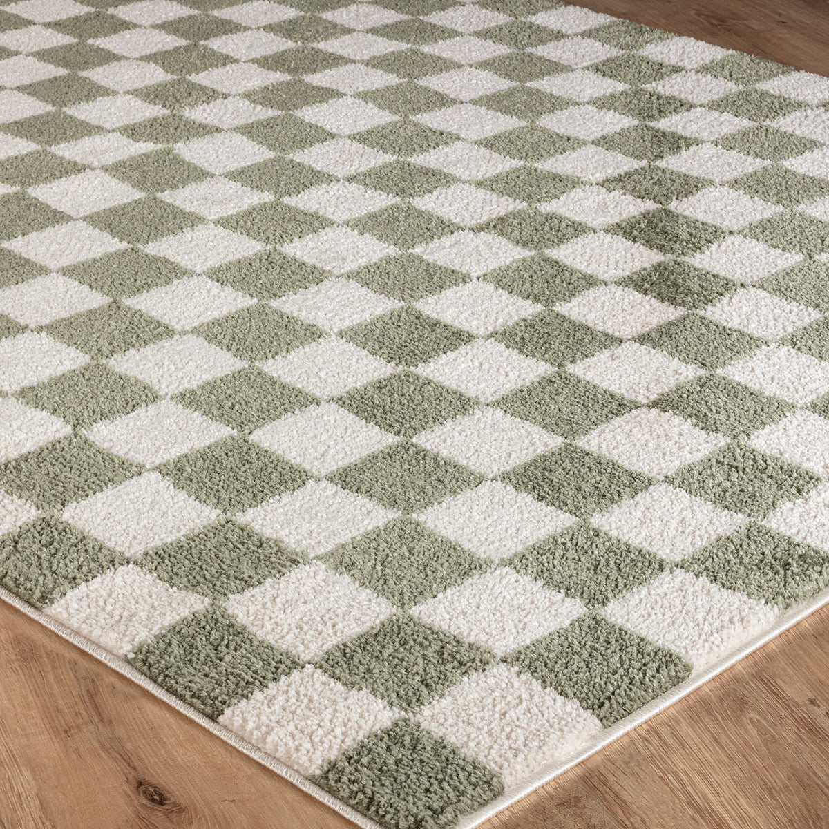 Tapis shaggy Surya Izaline moderne, motif à carreaux en relief vert gazon et beige clair, vue 6