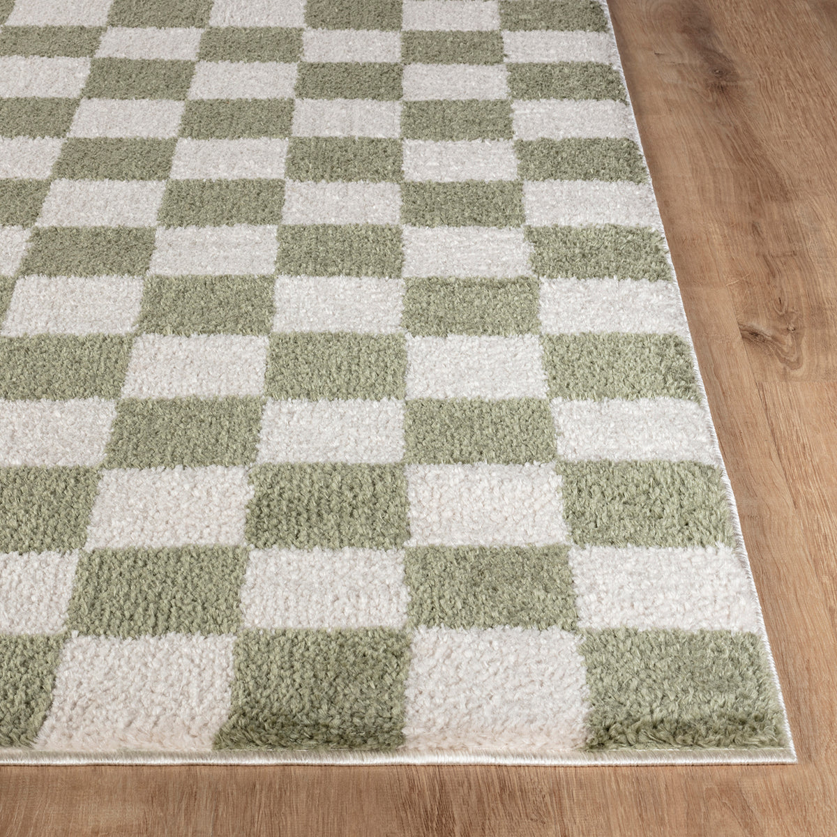 Tapis shaggy Surya Izaline moderne, motif à carreaux en relief vert gazon et beige clair, vue 5
