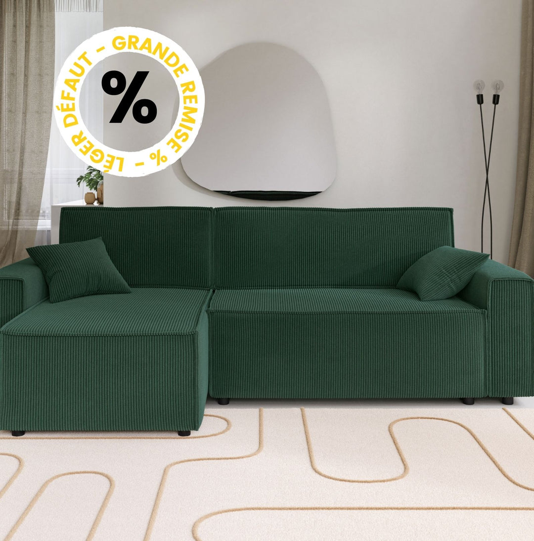 Canapé d'angle convertible vert en velours côtelé avec coffre L251cm "Léger défaut"