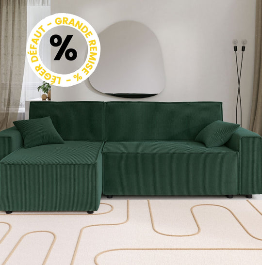 Canapé d'angle convertible vert en velours côtelé avec coffre L251cm "Léger défaut"