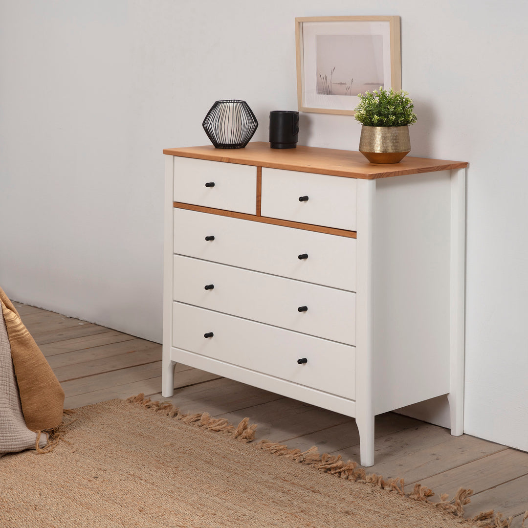 Commode Luca 5 tiroirs Blanc en bois Massif
