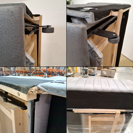 Canapé convertible d'angle droit LES TENDANCES Loza 5 places en velours gris avec appui-têtes réglables, coffre et pieds acier chromé