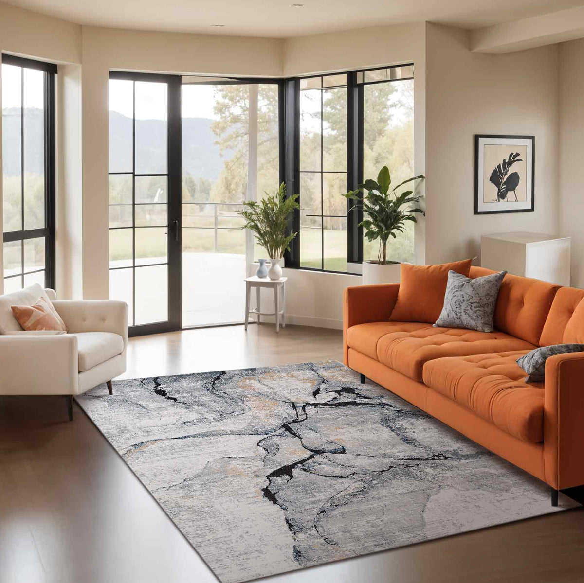 Tapis SURYA Berlin moderne, motif abstrait effet marbre veiné noir sur gris clair et ivoire