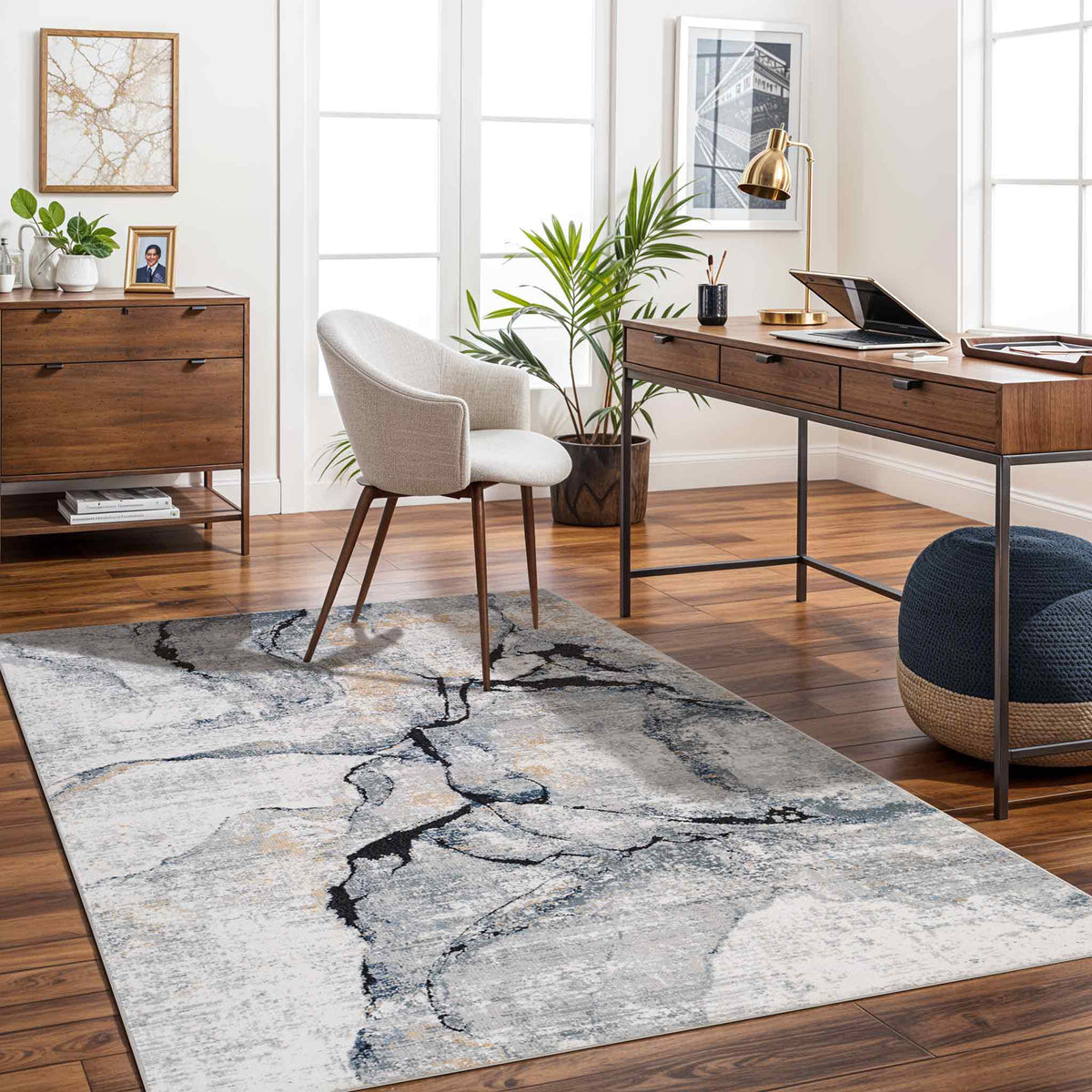 Tapis SURYA Berlin moderne, motif abstrait effet marbre veiné noir sur gris clair et ivoire, vue 8