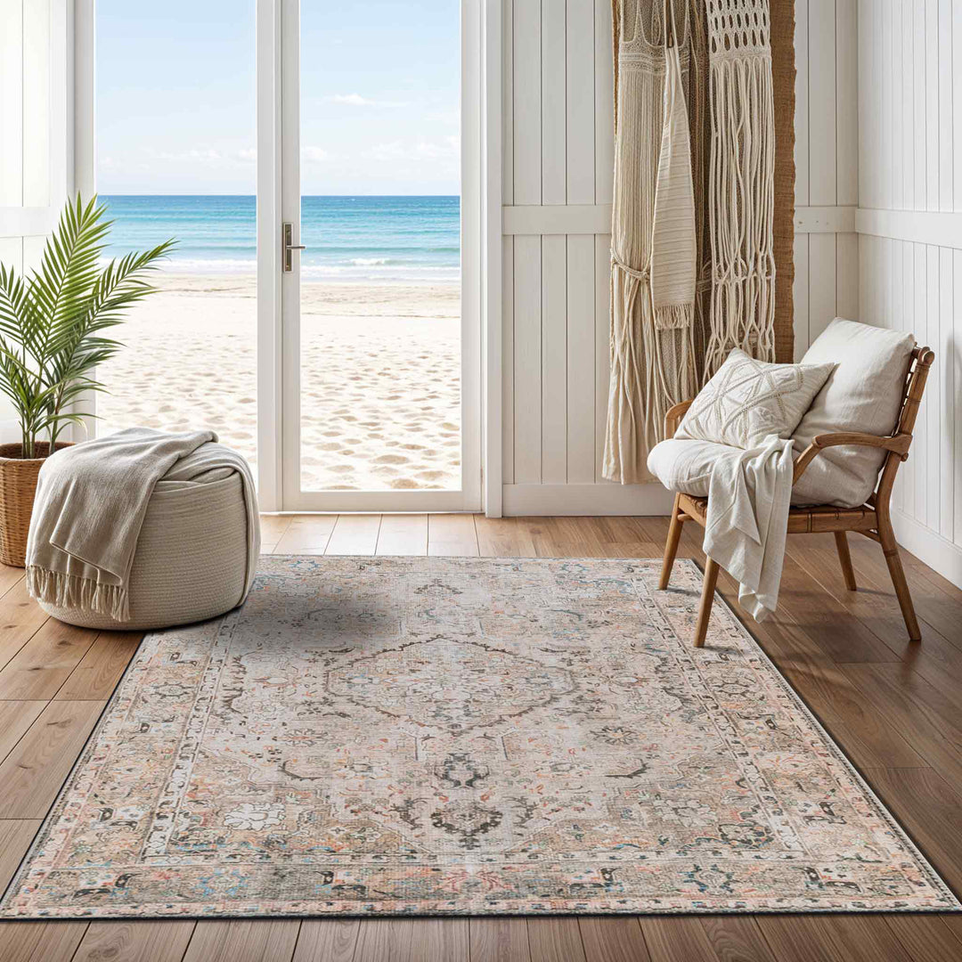 Tapis Vintage Lavable en Machine Marron/Gris Baku