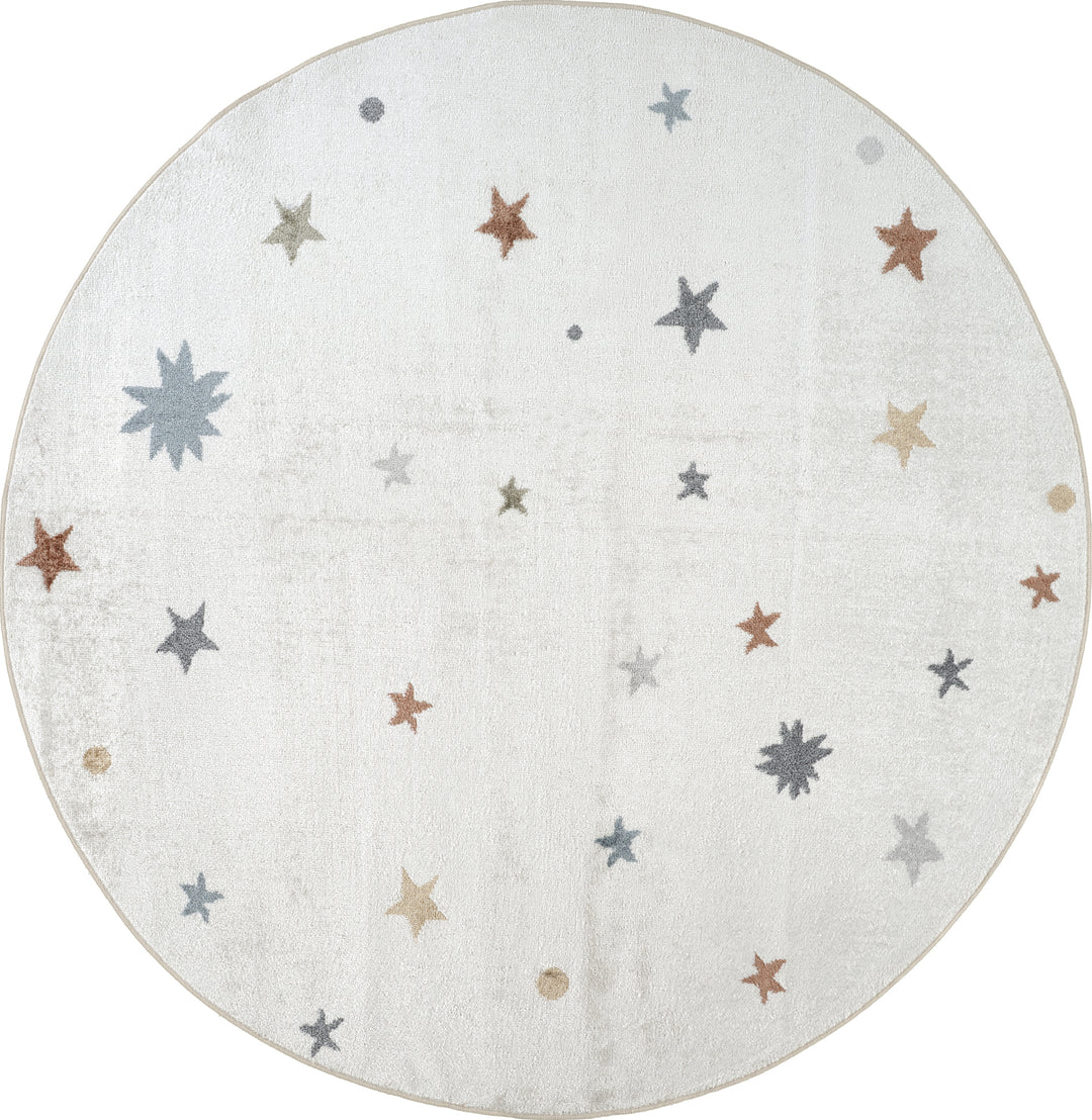 Tapis Rond Enfant Lavable en Machine Étoiles Multicolore/Beige Rond Findlay