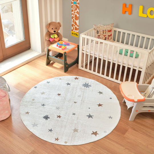 Tapis Rond Enfant Lavable en Machine Étoiles Multicolore/Beige Rond Findlay