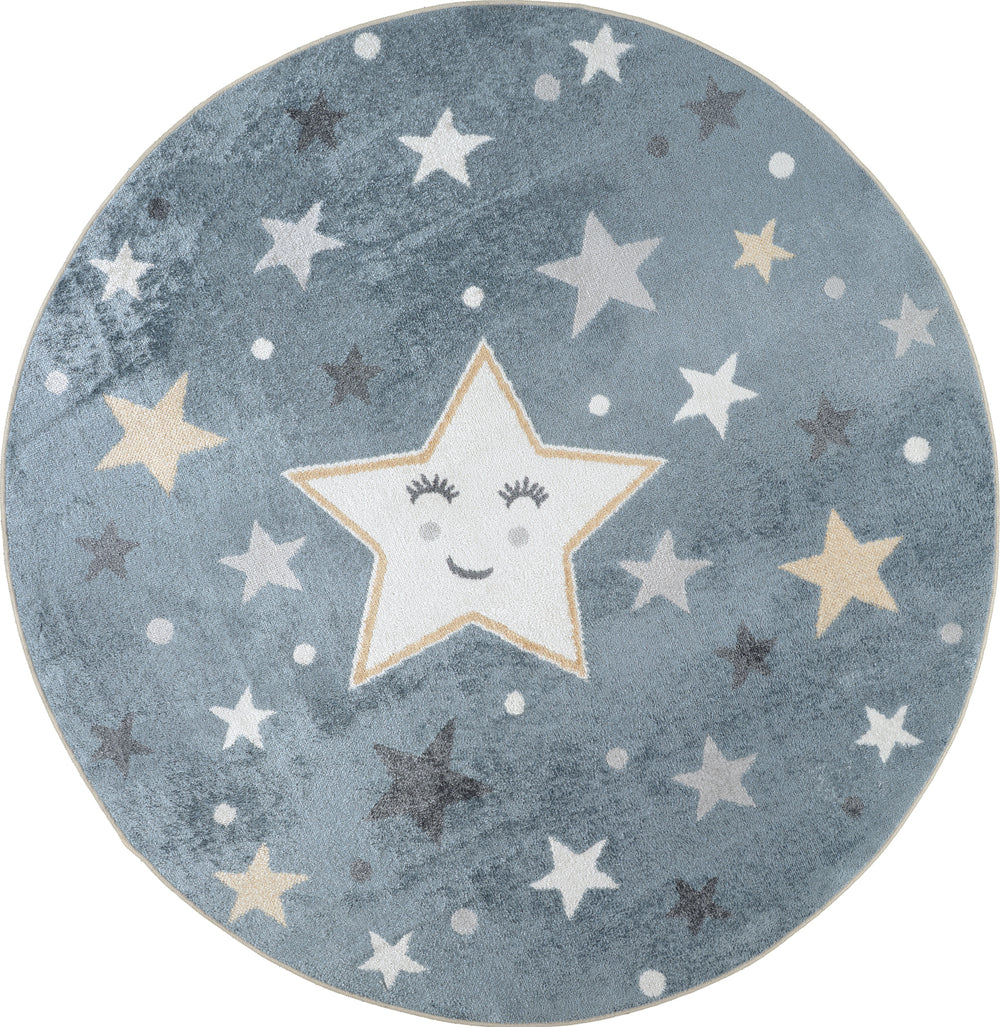 Tapis Rond Enfant Lavable en Machine Étoiles Bleu/Beige Rond Beed