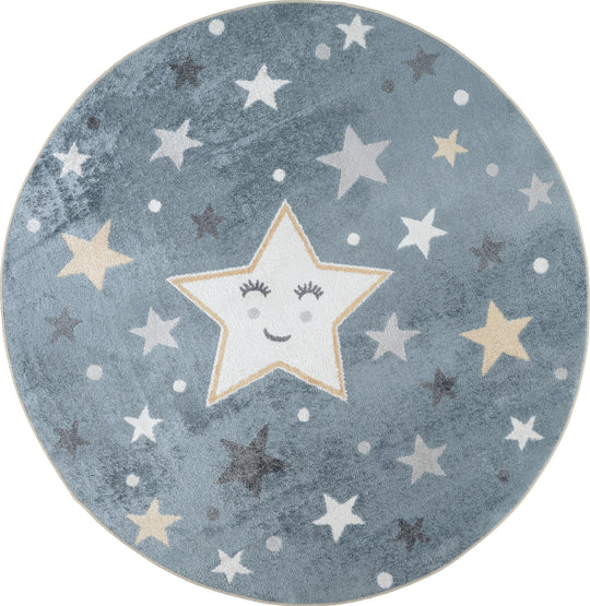 Tapis Rond Enfant Lavable en Machine Étoiles Bleu/Beige Rond Beed