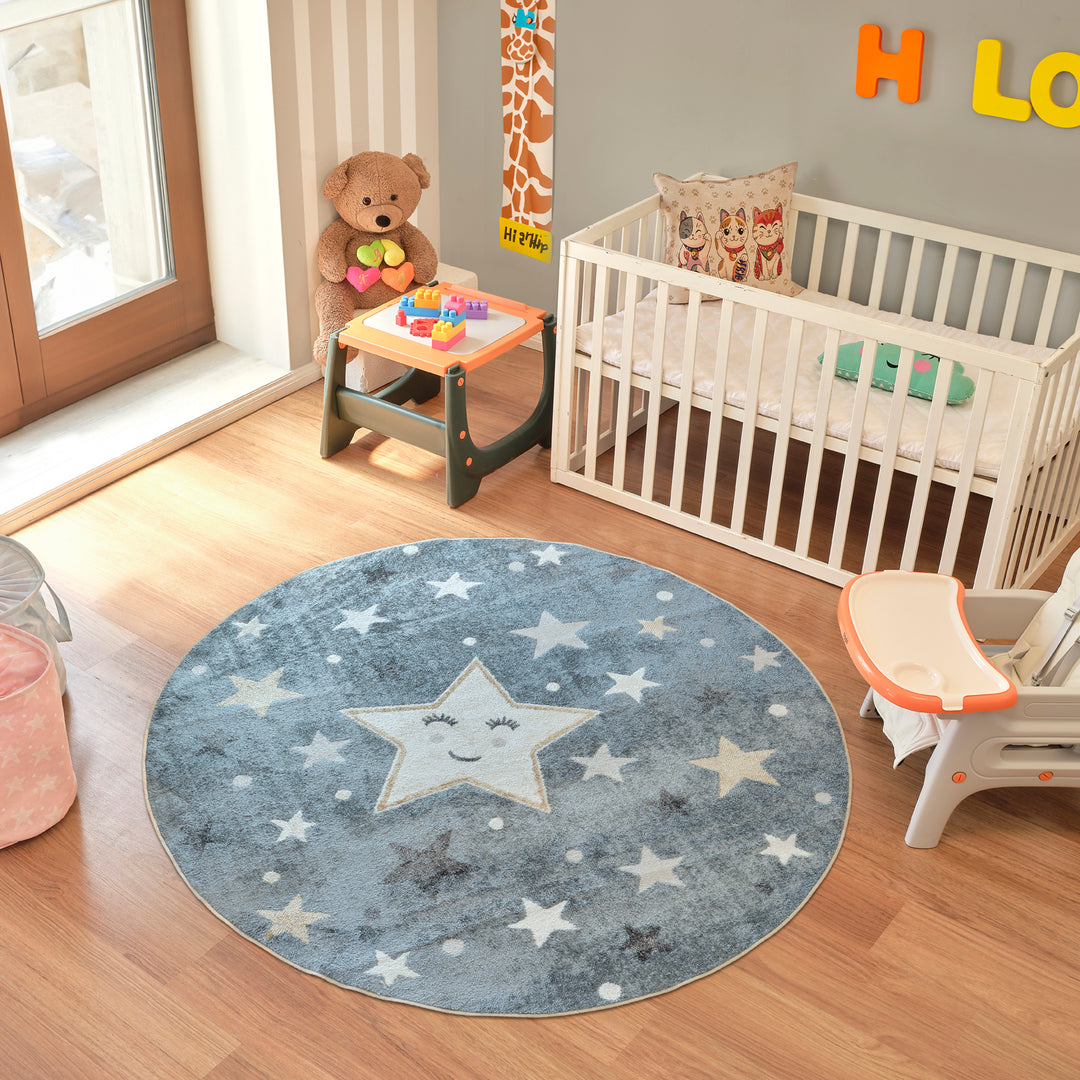 Tapis Rond Enfant Lavable en Machine Étoiles Bleu/Beige Rond Beed