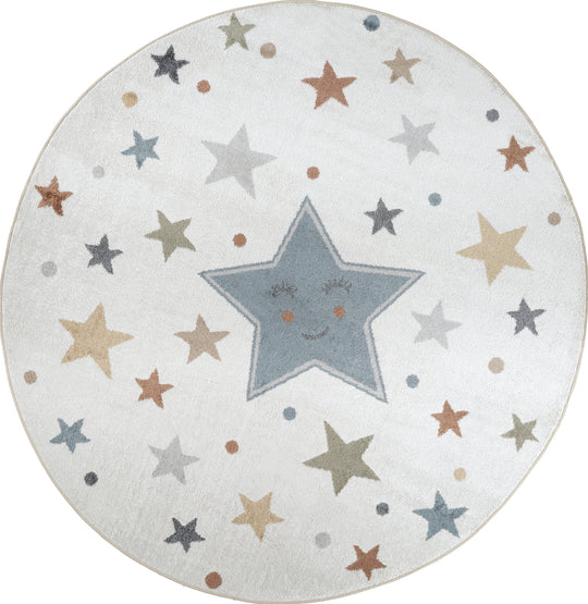 Tapis Rond Enfant Lavable en Machine Étoiles Multicolore/Bleu Rond Beed