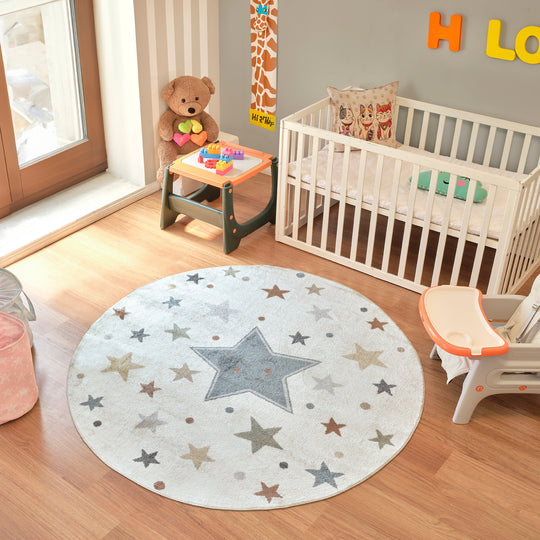 Tapis Rond Enfant Lavable en Machine Étoiles Multicolore/Bleu Rond Beed