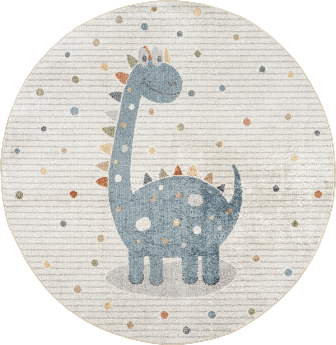 Tapis Rond Enfant Lavable en Machine Dinosaure Beige/Gris Rond Seoul