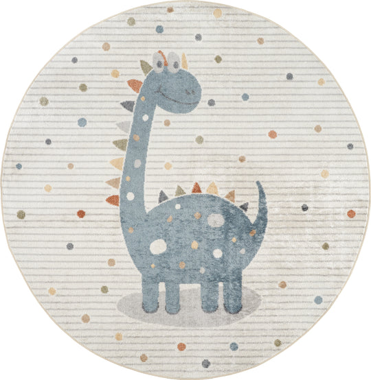 Tapis Rond Enfant Lavable en Machine Dinosaure Beige/Gris Rond Seoul