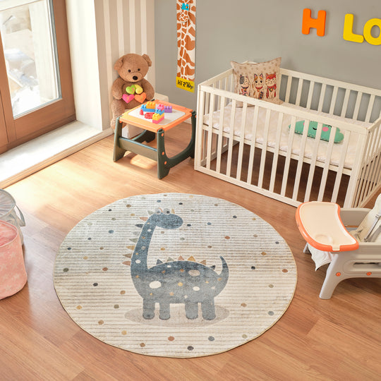 Tapis Rond Enfant Lavable en Machine Dinosaure Beige/Gris Rond Seoul