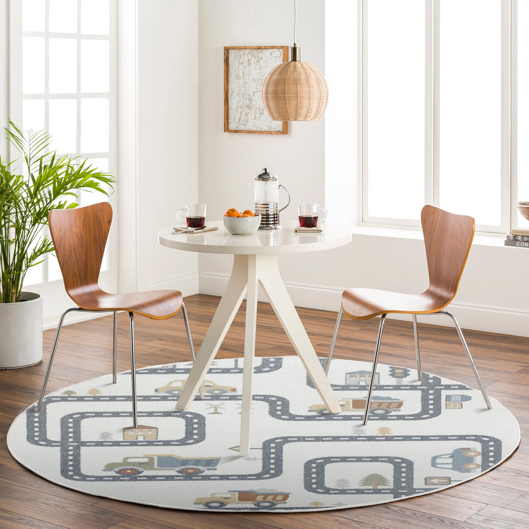 Tapis Rond Enfant Lavable en Machine Circuit Voitures Beige/Gris Rond Osaka