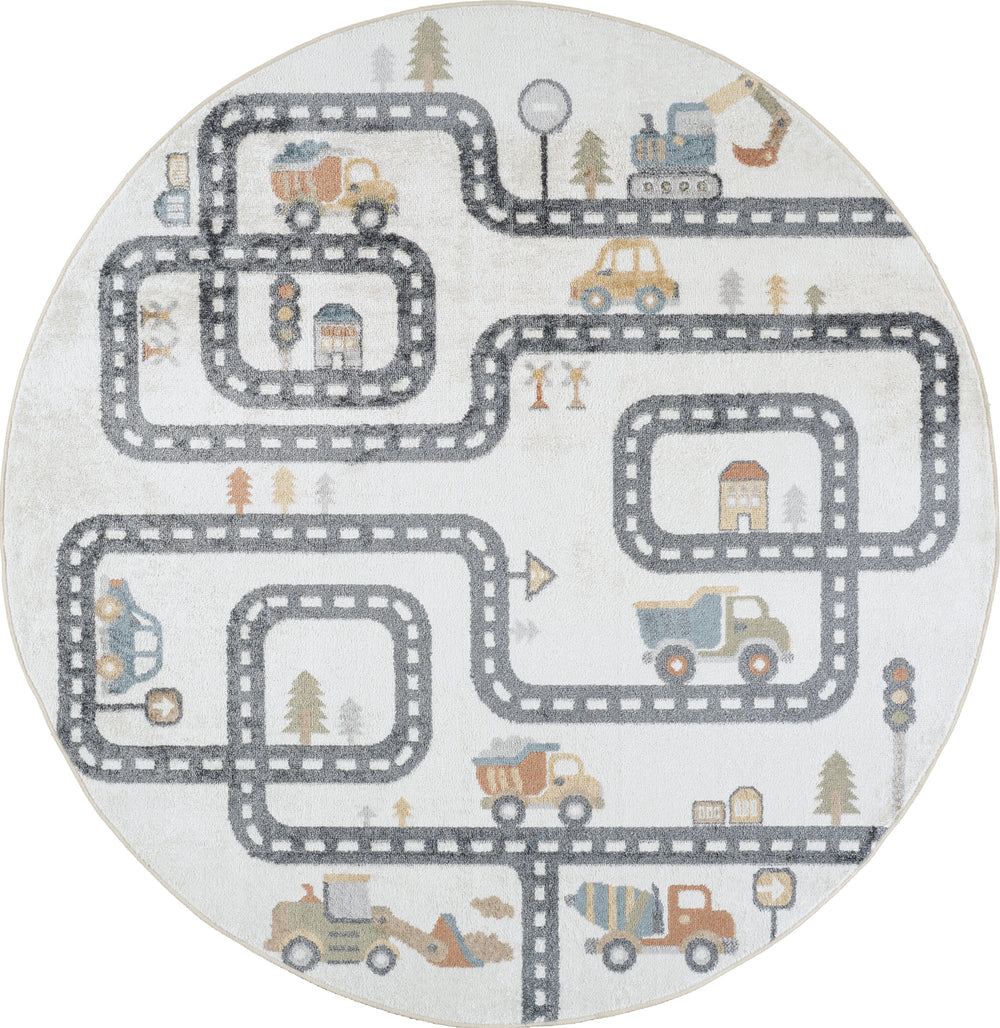 Tapis Rond Enfant Lavable en Machine Circuit Voitures Beige/Gris Rond Osaka