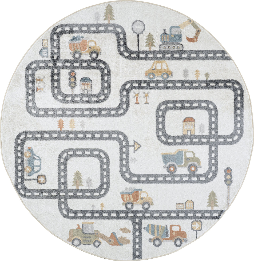 Tapis Rond Enfant Lavable en Machine Circuit Voitures Beige/Gris Rond Osaka