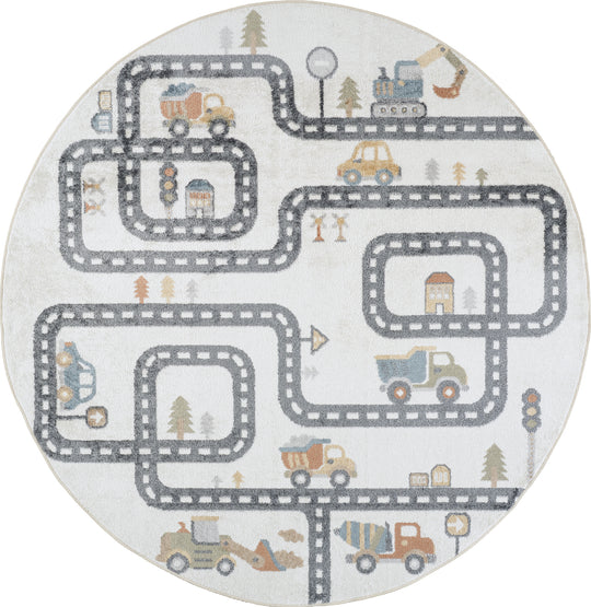 Tapis Rond Enfant Lavable en Machine Circuit Voitures Beige/Gris Rond Osaka