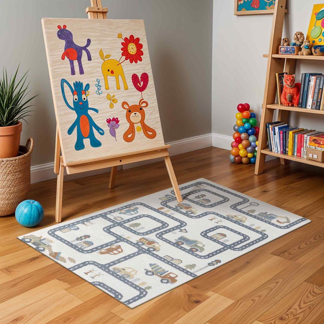 Tapis Enfant Lavable en Machine Circuit Voitures Beige/Gris Osaka