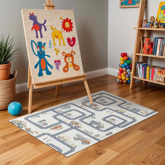 Tapis Enfant Lavable en Machine Circuit Voitures Beige/Gris Osaka