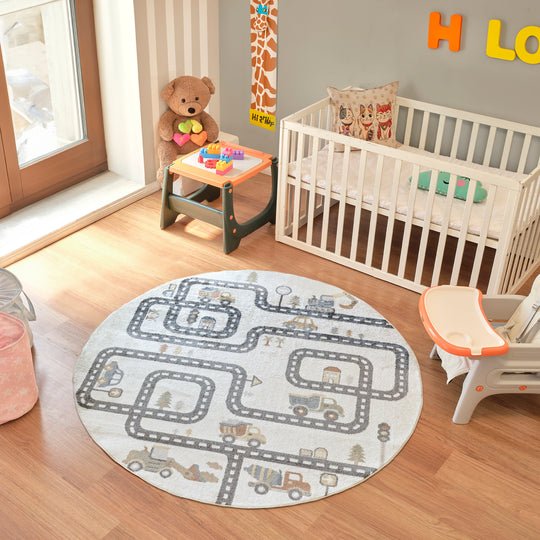 Tapis Rond Enfant Lavable en Machine Circuit Voitures Beige/Gris Rond Osaka