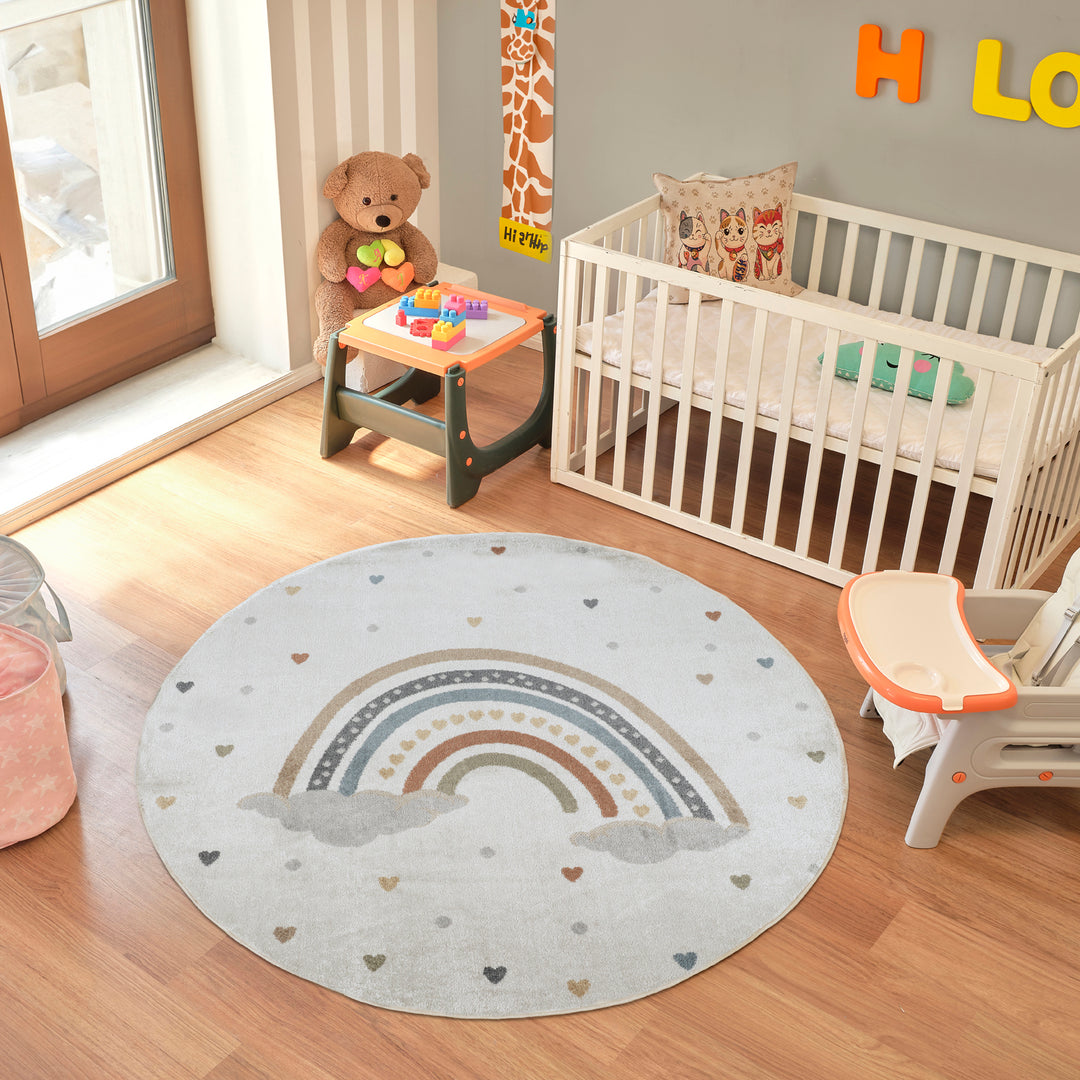 Tapis Rond Enfant Lavable en Machine Multicolore/Orange Rond Arcadia
