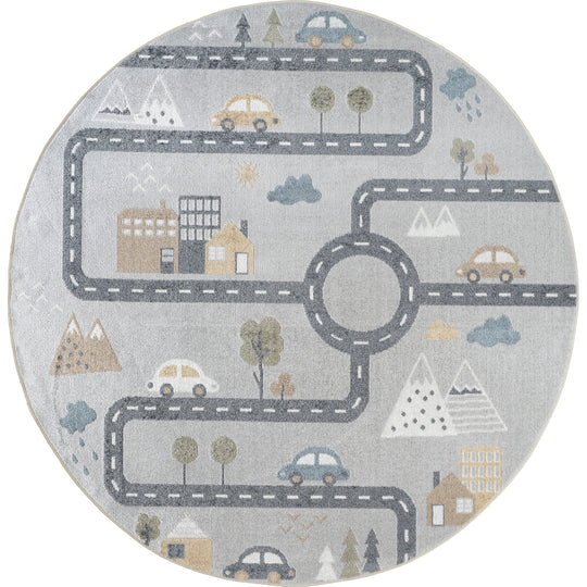 Tapis Rond Enfant Lavable en Machine Circuit Voitures Bleu/Gris Rond Osaka