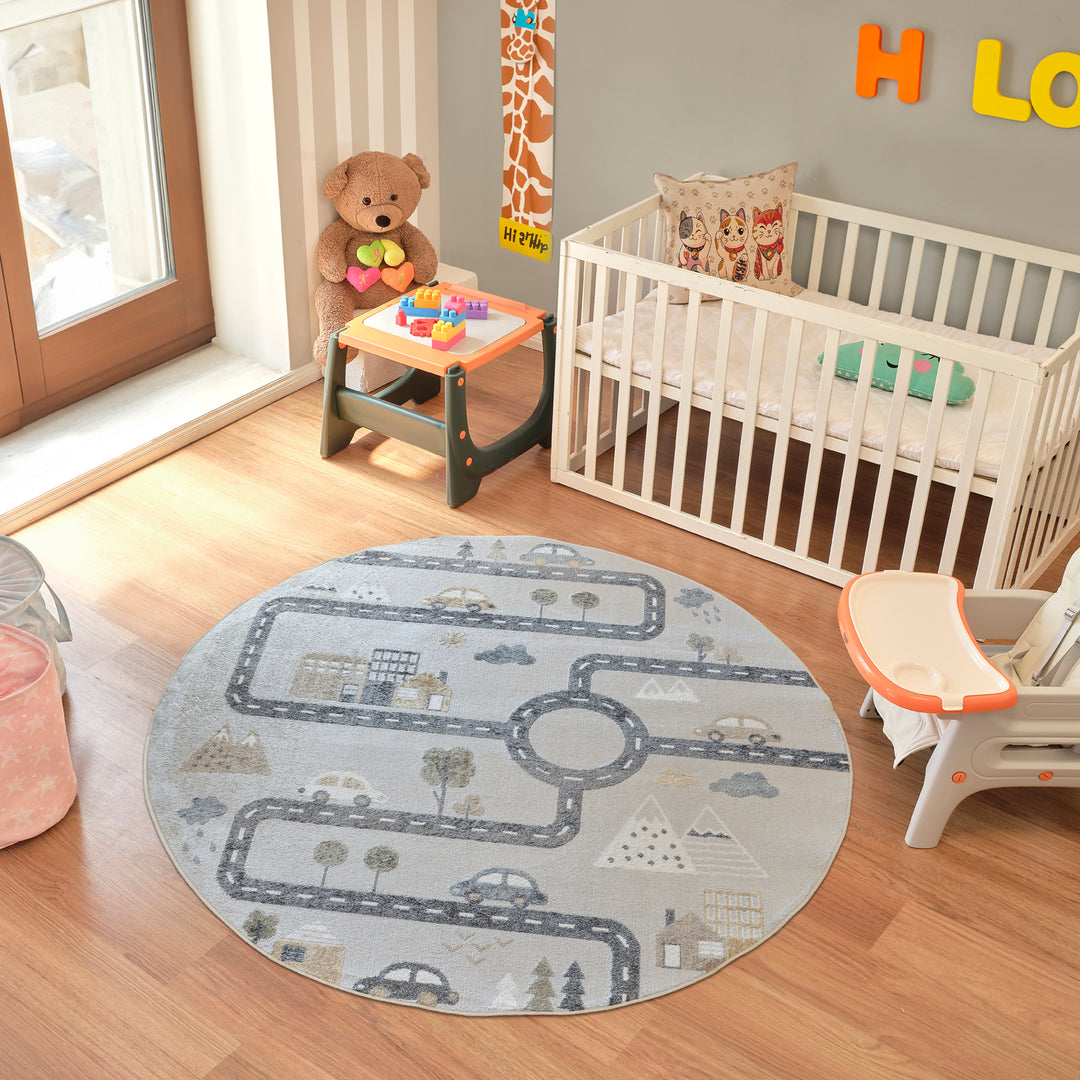 Tapis Rond Enfant Lavable en Machine Circuit Voitures Bleu/Gris Rond Osaka