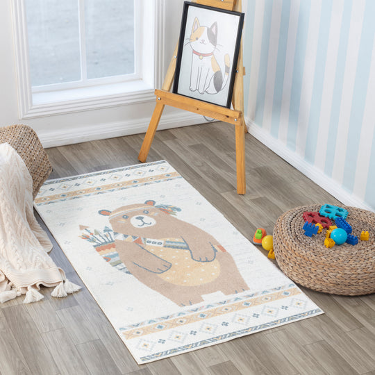 Tapis Enfant Lavable en Machine Ours Indien Beige/Brun Salzburg