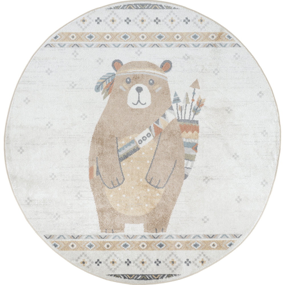 Tapis Rond Enfant Lavable en Machine Ours Indien Beige/Brun Rond Salzburg