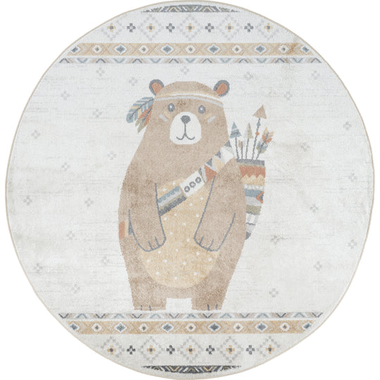 Tapis Rond Enfant Lavable en Machine Ours Indien Beige/Brun Rond Salzburg