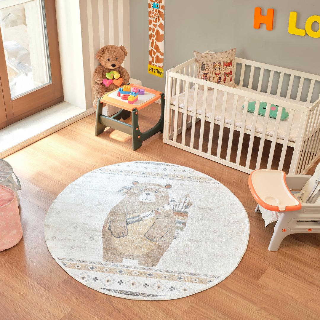Tapis Rond Enfant Lavable en Machine Ours Indien Beige/Brun Rond Salzburg