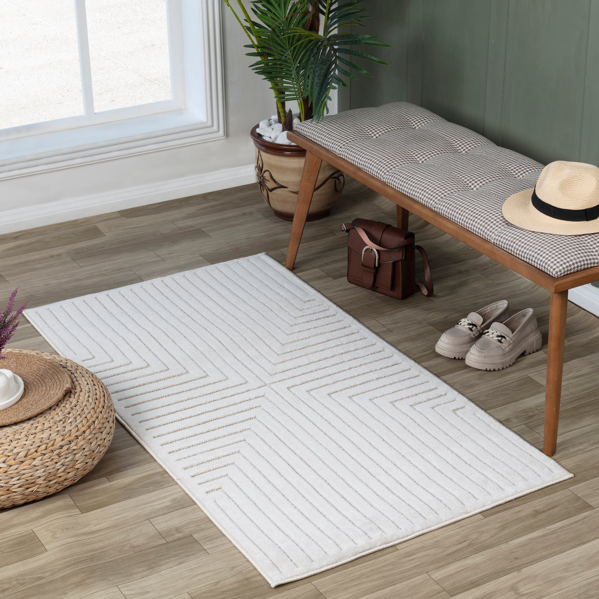 Tapis SURYA Rockford moderne, relief de lignes géométriques ton sur ton blanc, vue 2