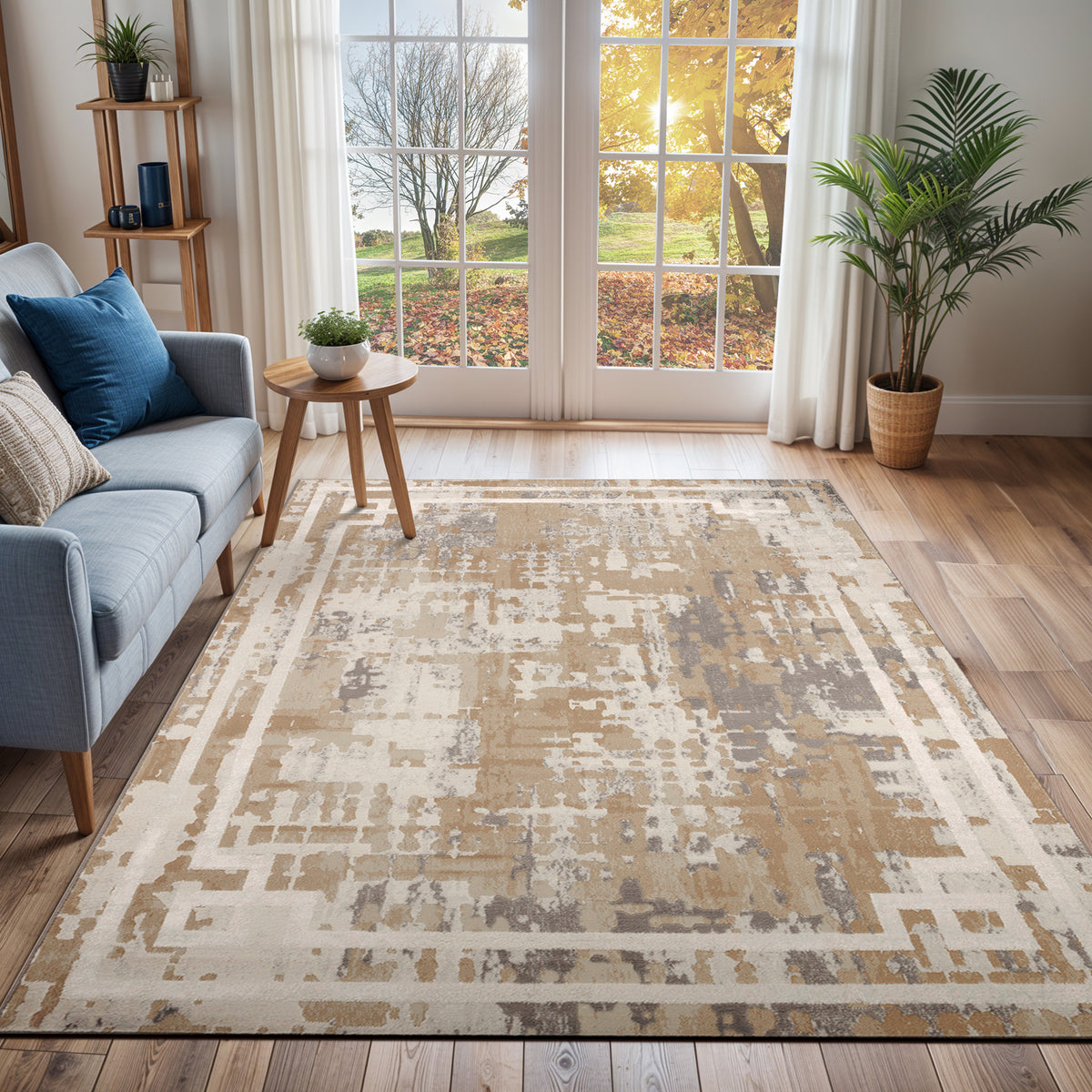 Tapis SURYA Goshen moderne, motif abstrait beige et camel avec bordure géométrique ivoire, vue 16