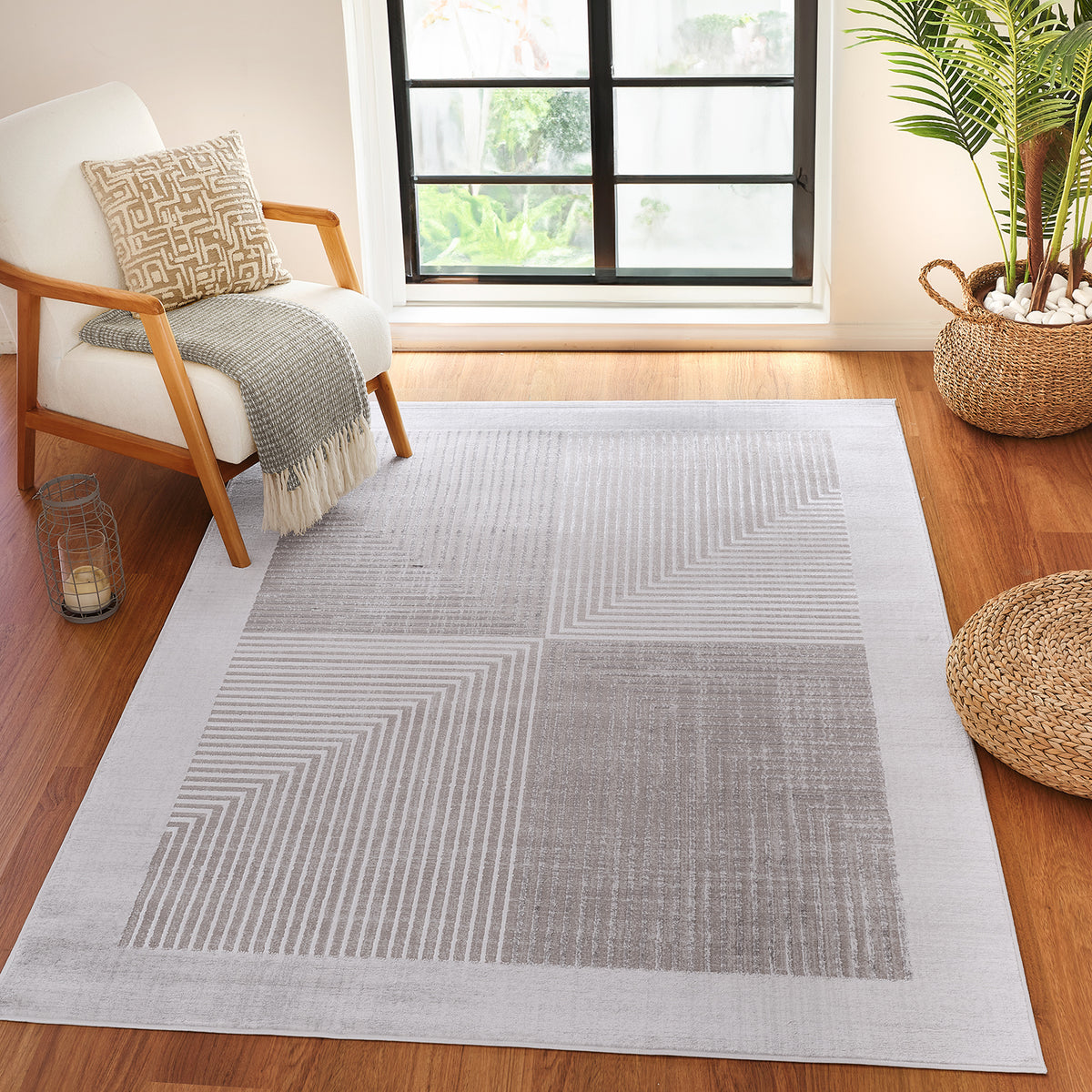 Tapis SURYA Charlestown moderne, blocs géométriques gris et beige à fines lignes, bordure claire, vue 15