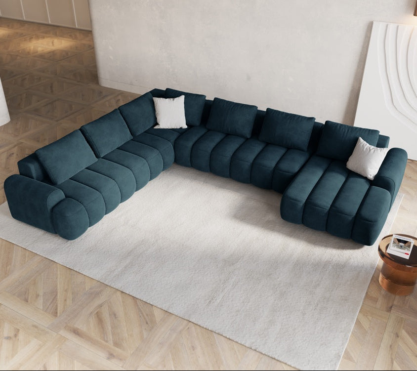 Canapé panoramique convertible en velours Bleu Maison Héritage Kimi d'angle 6 places avec coffre de rangement