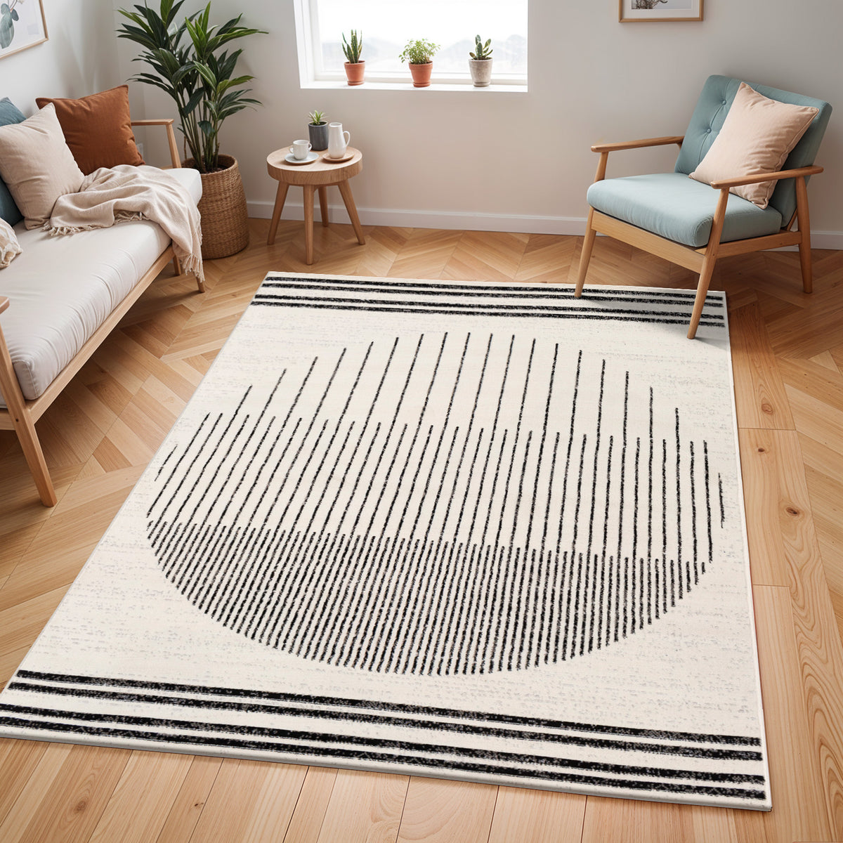 Tapis rond SURYA Santiago scandinave, motif cercle de rayures noires sur fond blanc cassé