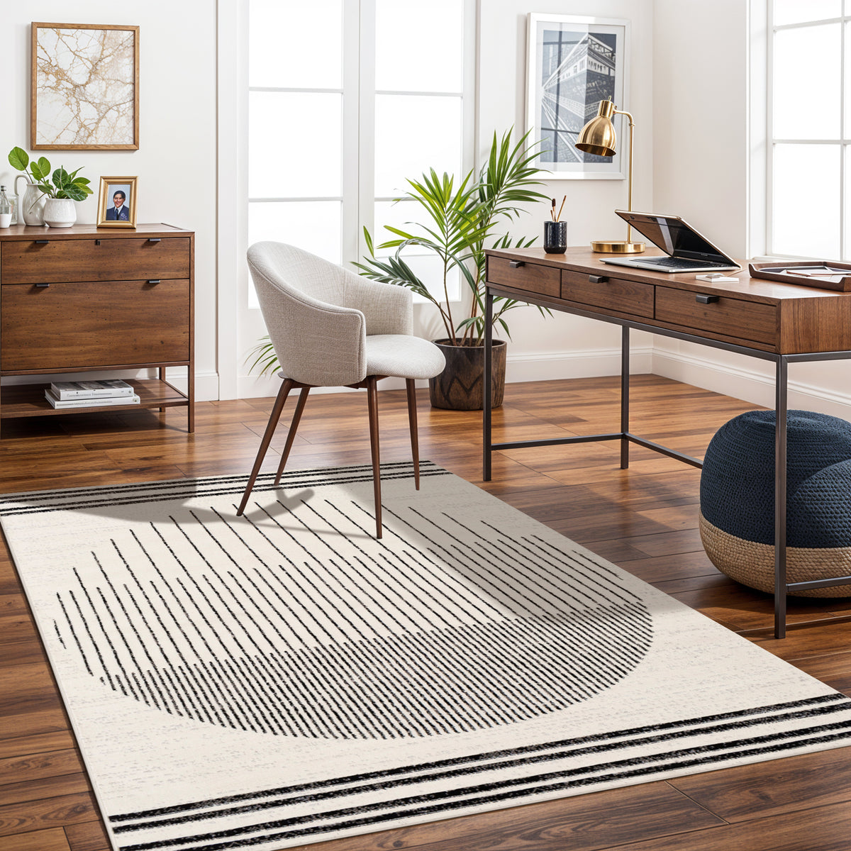 Tapis SURYA Enso scandinave, motif disque de lignes fines, blanc cassé et noir, vue 9