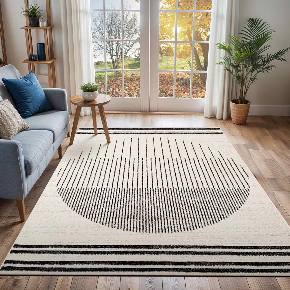 Tapis SURYA Santiago scandinave, motif d'arcs gris et lignes noires sur fond blanc cassé, vue 9