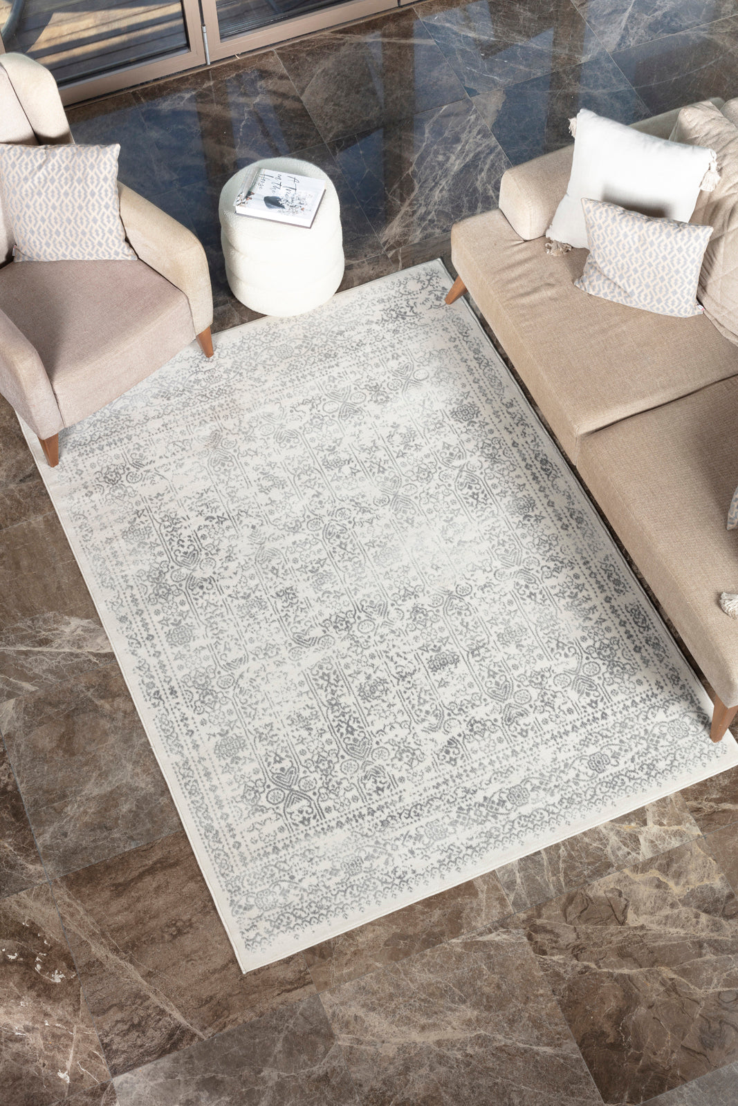 Tapis Rond Vintage Oriental Ivoire/Gris Rond Ottawa