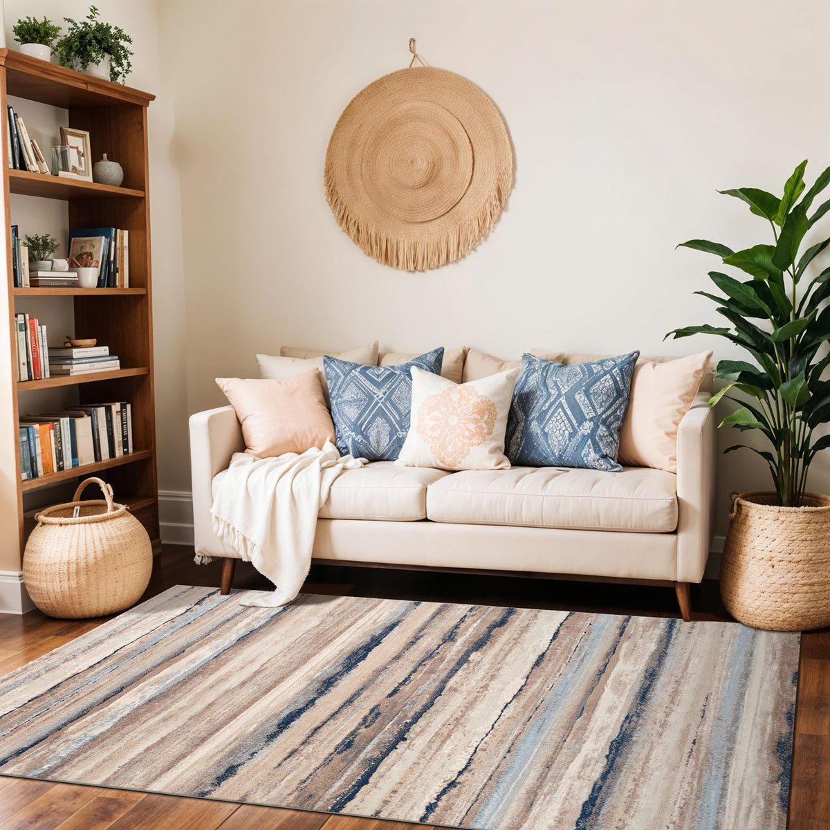 Tapis SURYA Dusel scandinave, motif rayures horizontales beige, crème et bleu, vue 10