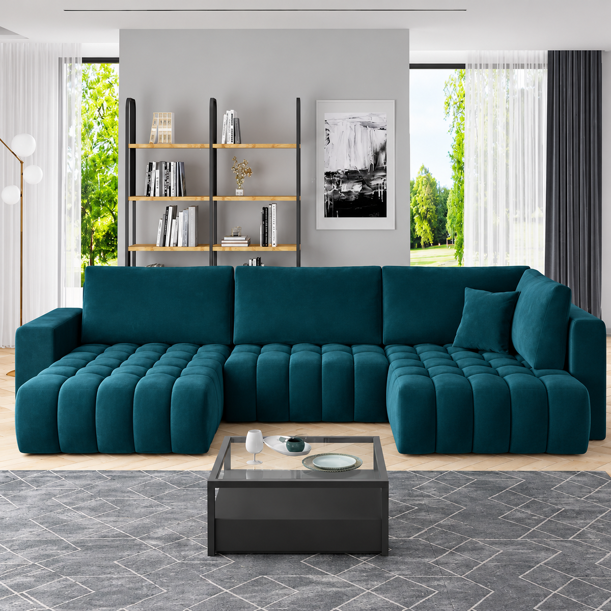 Canapé panoramique convertible BOSTON velours bleu petrole 350 cm