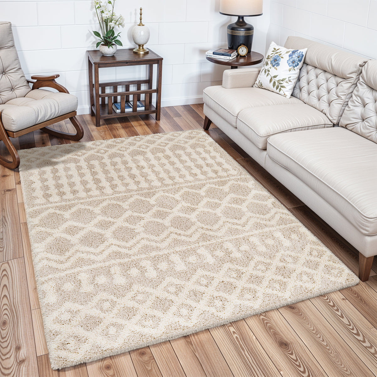 Tapis shaggy Surya Dubai bohème, losanges en relief ivoire et beige clair, vue 12